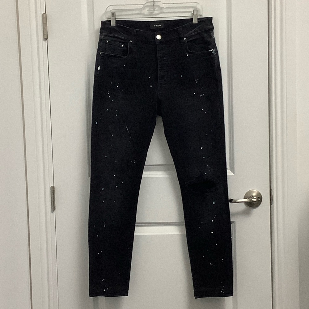 AMIRI Black Paint Splatter Distressed Slim Aged Jeans, Button Fly, Size 34